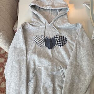 Gildan Light Gray Hoodie with Hand Sewn Navy Hearts & Light BlueThread Detailing
